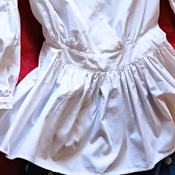 BLUE COTTON MIDI SASH BELTED POLKA DOT, SKIRT, S, W/WHITE PEPLUM COTTON BLOUSE - Picture 5 of 5